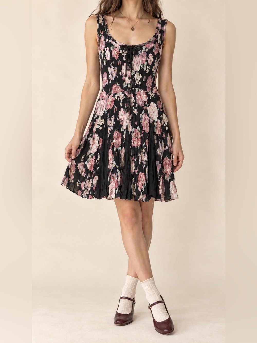 Vintage Neo Nostalgia Black Pink Floral Crinkle Mini Dress Small